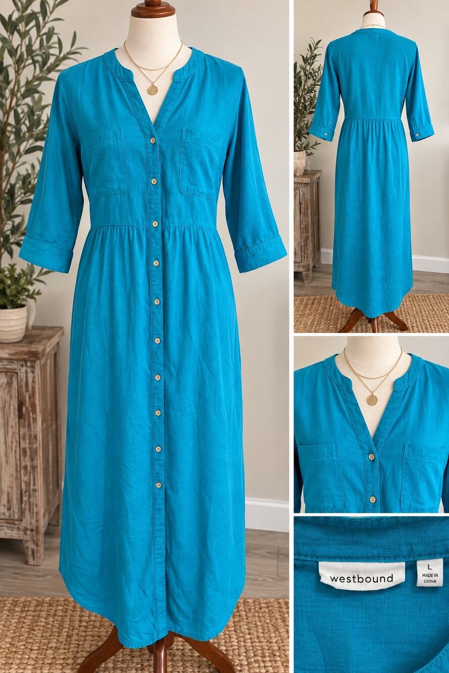 Westbound Linen Blend Maxi Shirt Dress Women’s L Teal Blue Button Front
